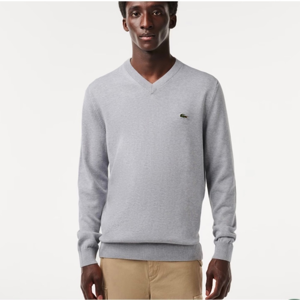 LACOSTE Mens V Neck Cotton Sweater Classic Fit Marled Jersey Grey Sz M